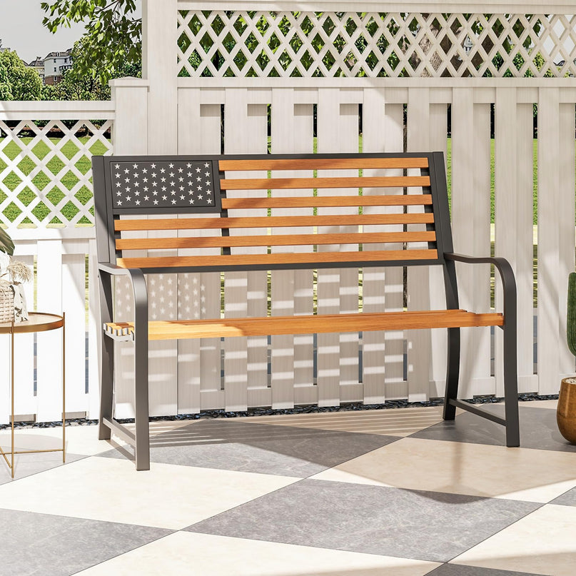 Giantex Outdoor Bench, 2-Person Metal Garden Bench with American Flag Backrest