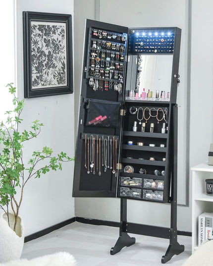 CHARMAID 6 LEDs Jewelry Cabinet Armoire with High Full length Mirror, Lockable Standing Jewelry Organizer Storage with lipstick Tray