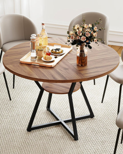 Giantex Table à manger ronde de 119 cm pour 4 personnes avec étagère de rangement et base en métal en forme de X