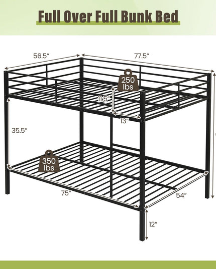 Giantex Metal Bunk Bed Full Over Full | Heavy-Duty Bunk Bed Frame with Full Length Safety Guardrail