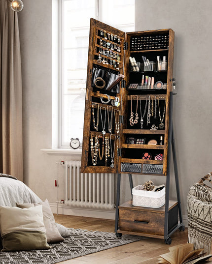 CHARMAID Rolling Jewelry Cabinet with Full Length Mirror, Lockable Standing Jewelry Armoire with Wheels