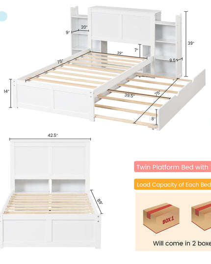 Giantex Full Bed Frame with Twin Trundle, Wooden Bed Wooden Bed Frame with 2 Rolling Bookcases & High Headboard