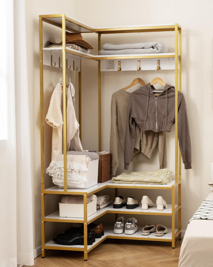 Giantex Corner Coat Rack with Shoe Bench, L-shaped Garment Rack with 5 Shelves & 7 Hooks