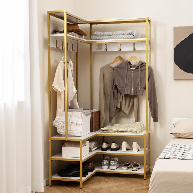Giantex Corner Coat Rack with Shoe Bench, L-shaped Garment Rack with 5 Shelves & 7 Hooks