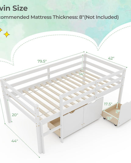 Giantex Twin Low Loft Bed with 3 Drawers, Wooden Loft Bed Frame with Ladder & Full-length Guardrails