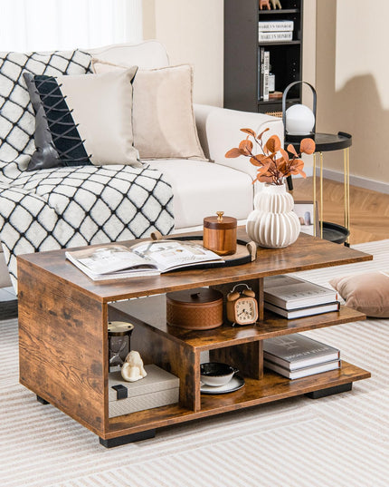 Giantex Coffee Table with Storage, Modern Rectangular Accent Table with L-shaped Middle Shelf