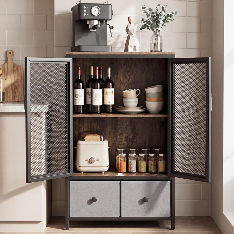 Giantex Industrial Coffee Bar Cabinet with Adjustable Shelves & 2 Removable Cloth Drawers