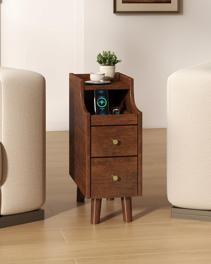 Giantex Narrow Nightstand with 2 Drawers & Pull-Out Tray for Small Spaces