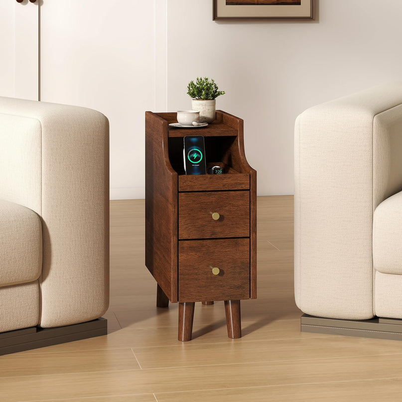 Giantex Narrow Nightstand with 2 Drawers & Pull-Out Tray for Small Spaces