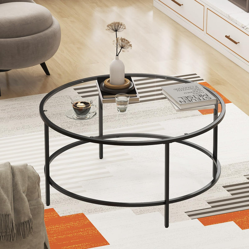 Giantex 35.5”D Round Coffee Table - Modern Coffee Table with Tempered Glass Tabletop