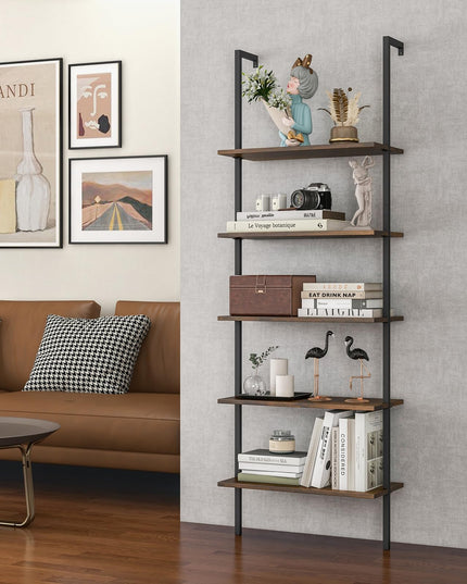 Giantex 5 Tier Modern Wall Mounted Bookshelf, 71'' White and Gold Wood Bookcase with Steel Frame