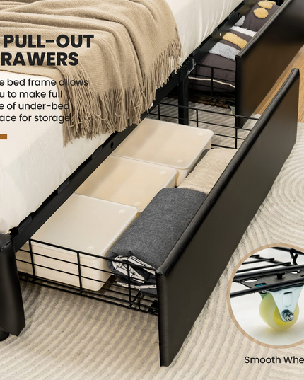 Upholstered PU Leather Platform Bed Frame w/ 4 Storage Drawers, Adjustable Headboard & Solid Wooden Slats