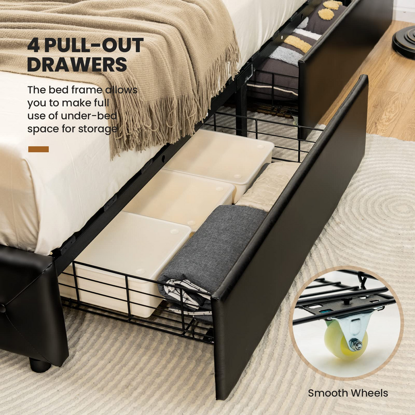 Upholstered PU Leather Platform Bed Frame w/ 4 Storage Drawers, Adjustable Headboard & Solid Wooden Slats