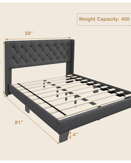 Giantex Bed Frame with Button Tufted Headboard, Modern Fabric Upholstered Platform Bed with Wingback Design, Grey