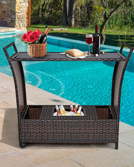 Giantex Rolling Wicker Cart Rattan Bar Cart Outdoor Serving Cart Wicker Trolley Portable Kitchen Trolley Cart W/Shelves and Big Drawer