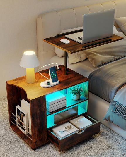 GIANTEX LED Rolling Nightstand with Charging Station & Laptop Tray