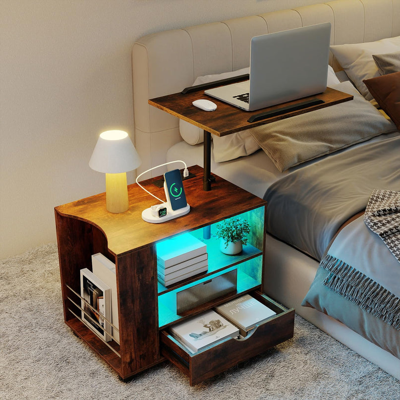 GIANTEX LED Rolling Nightstand with Charging Station & Laptop Tray