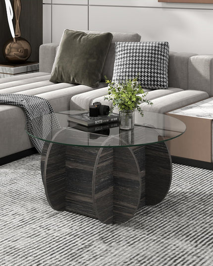 Giantex 35" Glass Round Coffee Table with Storage & Solid Wood Base