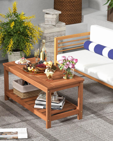 Giantex Hardwood Patio Coffee Table - 2-Tier Wooden Coffee Table