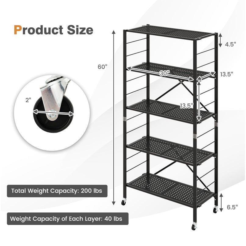 Giantex 5-Tier Folding Bookshelf with Wheels of 1/2, 60" Tall Foldable Metal Shelves for Storage