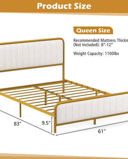 Giantex Twin Size Gold Bed Frame with Velvet Headboard and Footboard, Heavy-duty Metal Slats Support Mattress Foundation
