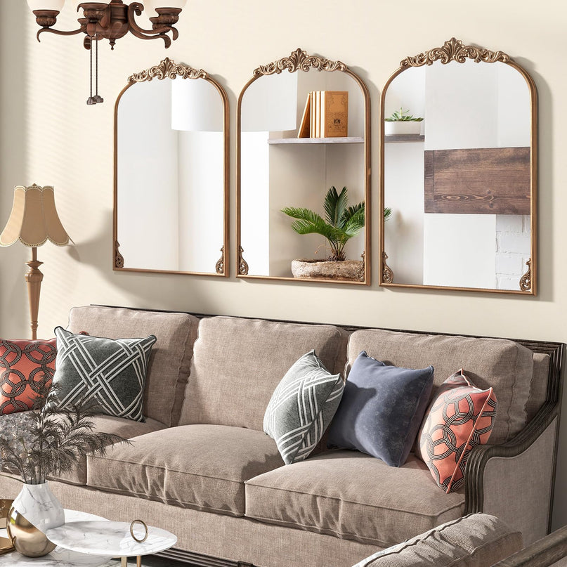 CHARMAID Arched Mirror, Gold Antique Mirror, Vintage Ornate Baroque Mirror with Metal Frame