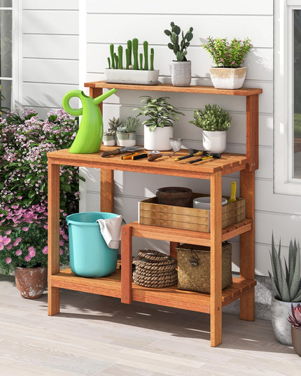 Giantex 4-Tier Potting Bench, Solid Wood Gardening Workstation w/Open Storage Shelves