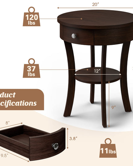 Giantex Round End Table with Drawer, 2-Tier Wood Side Table w/Open Shelf