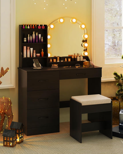 Vanity Desk with Lights - Makeup Vanity Table with Charging Station, 4 Drawers, 3 Storage Shelves
