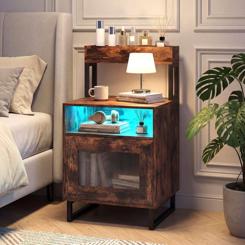 Giantex Night Stand with LED Lights | Tall Sofa Side Couch End Table w/Top Tray (1/2)