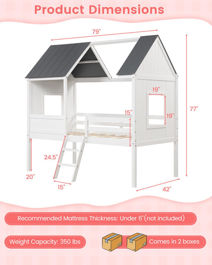 Giantex Twin House Bed Frame, Kids Low Loft Bed Frame with Roof