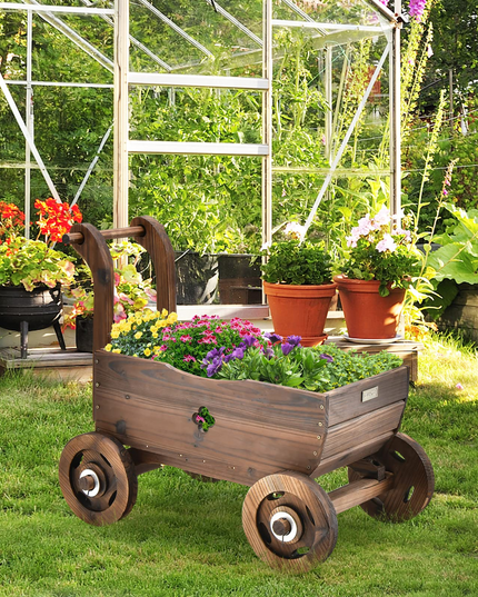 Giantex Wooden Wagon Planter Raised Bed on Wheels, Handle, Drainage Hole