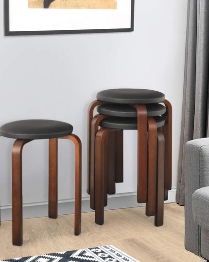 4-Pack Bentwood Stack Stools, 18.5-Inch Portable Stools with PU Leather Round Top, Non-Slip Foot Mats