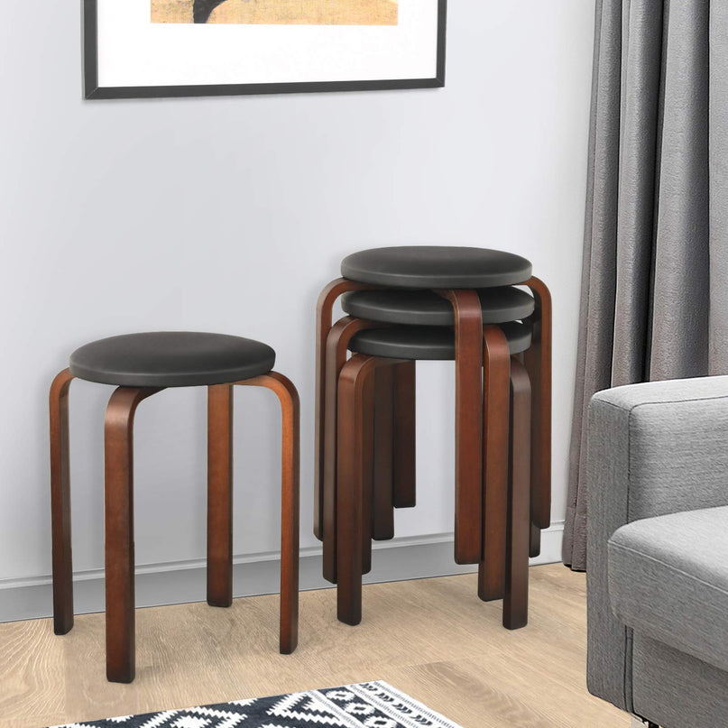 4-Pack Bentwood Stack Stools, 18.5-Inch Portable Stools with PU Leather Round Top, Non-Slip Foot Mats
