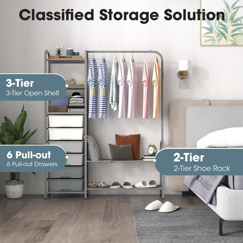 Giantex Free Standing Closet Organizer, Heavy Duty Garment Rack with 6 Removable Drawers (Grey)