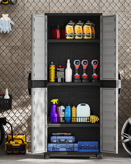 Giantex 68" Lockable Storage Cabinet | PP Garage Storage Shed with Doors & 3 Adjustable Shelves