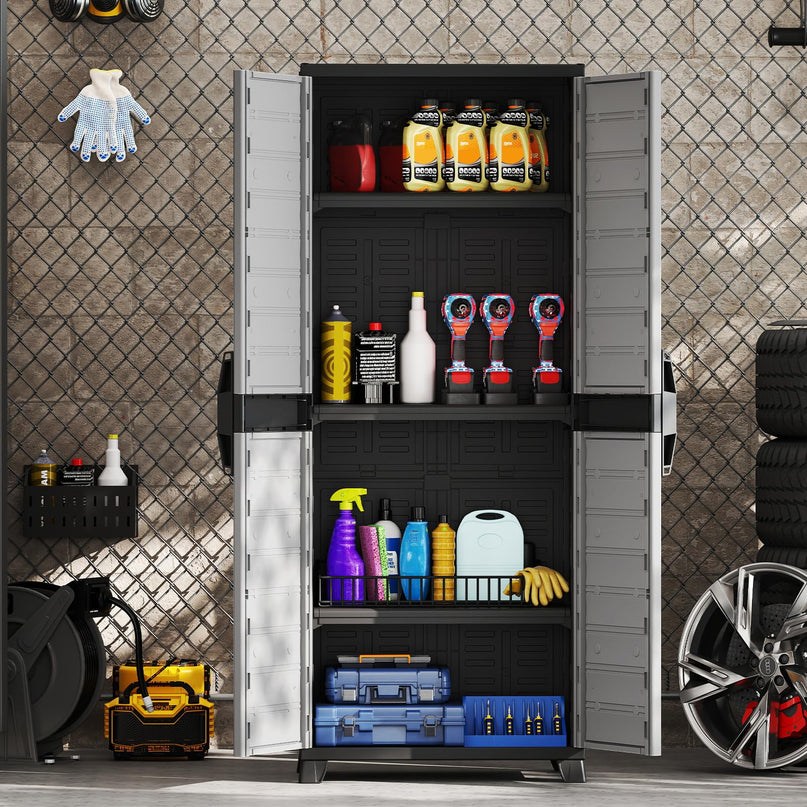 Giantex 68" Lockable Storage Cabinet | PP Garage Storage Shed with Doors & 3 Adjustable Shelves