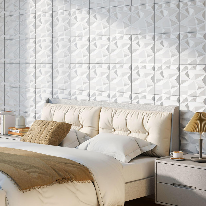 Giantex 12"x12" White PVC Decorative Wall Tiles with Diamond Pattern | 50/100 Pack 3D Wall Panels