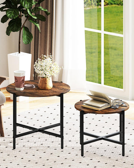 Giantex Round Coffee Table Set of 2, Nesting Tables with Metal Frame, Imitated Wood Grain Top