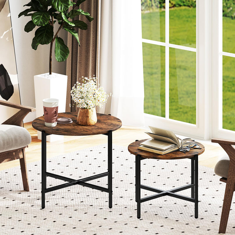 Giantex Round Coffee Table Set of 2, Nesting Tables with Metal Frame, Imitated Wood Grain Top