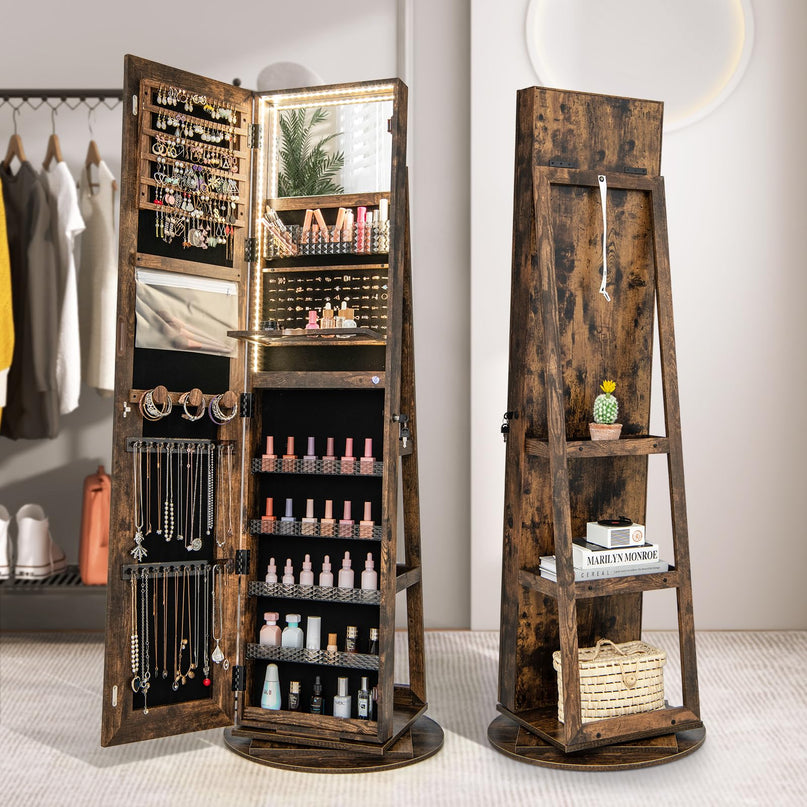 CHARMAID LED Mirror Jewelry Cabinet Armoire 360° Swivel, 63" H 3-Color Lighted Full Length Mirror