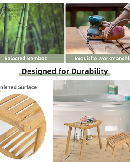 Bamboo Shower Bench with Foot Stool, Shower Seat Bench with Underneath Storage Shelf