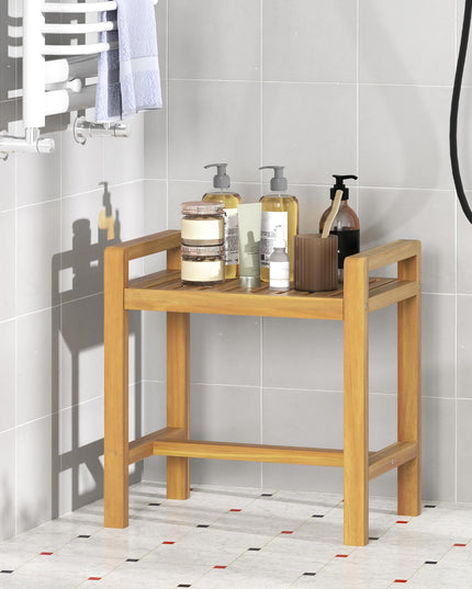 Giantex Teak Wood Shower Bench - 20" Waterproof Shower Stool with Handles and Slatted Seat for Inside Shower