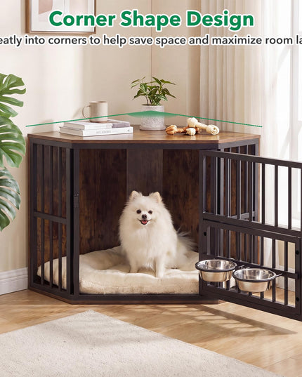 Giantex Wooden Corner Dog Crate Furniture with Adjustable & Reversible Elevated Feeder