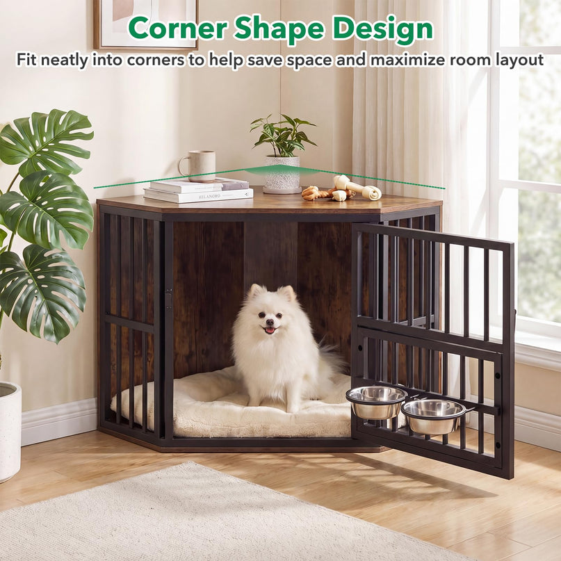 Giantex Wooden Corner Dog Crate Furniture with Adjustable & Reversible Elevated Feeder