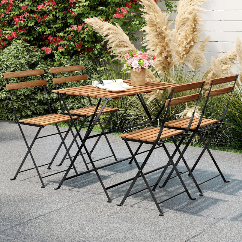 Giantex Acacia Wood Bistro Table with 4 Folding Patio Chairs for Yard Porch Garden Poolside