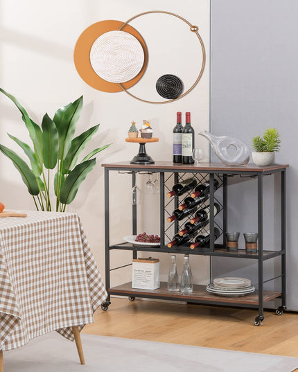 Giantex 3-Tier Wine Bar Cabinet - on Wheels, 8 Bottles Rack & 12 Glasses Hanger (Rustic Brown & Black)