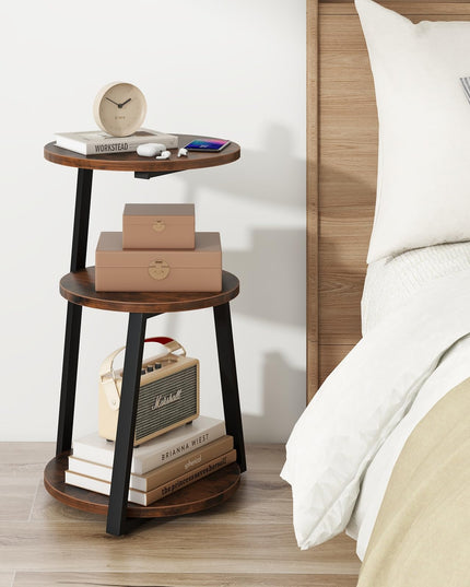 Giantex Round End Table, Industrial Side Table with Sturdy Metal Frame, Coffee Table, 3-Tier Bedside Table for Bedroom, Living Room
