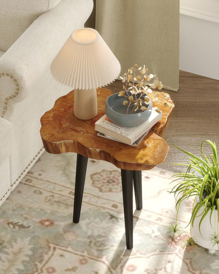 Giantex Teak Wood Outdoor Side Table - 18” End Table with Solid Live Edge, Irregular Tabletop, Mahogany Tapered Legs