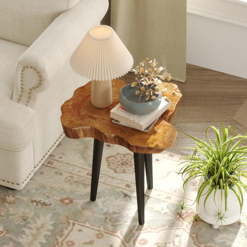 Giantex Teak Wood Outdoor Side Table - 18” End Table with Solid Live Edge, Irregular Tabletop, Mahogany Tapered Legs